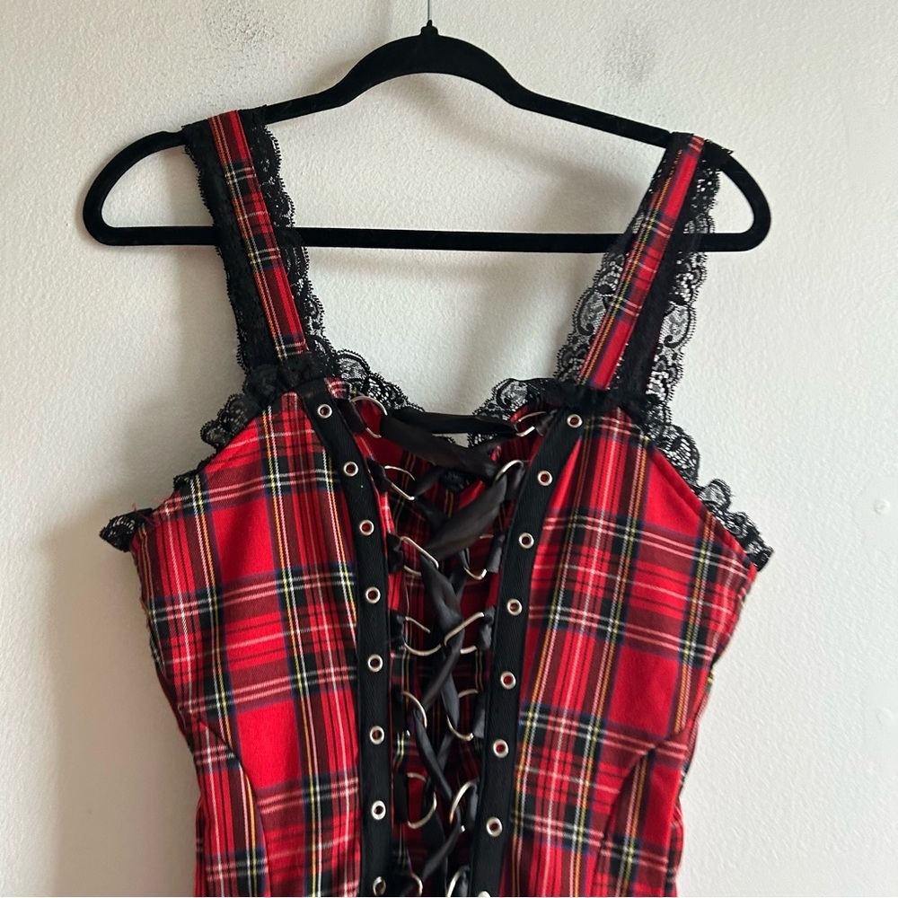 Hearts And Roses Sz 10 Harley Tartan Plaid Lace Emo Goth Mini Dress - Picture 5 of 12